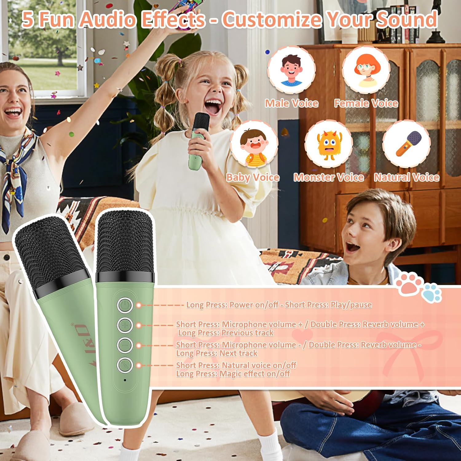 Children using a green microphone with audio effect options displayed on screen