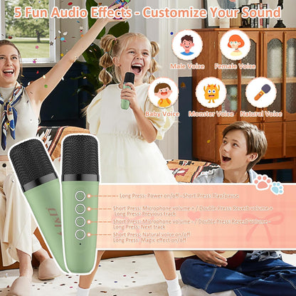 Children using a green microphone with audio effect options displayed on screen