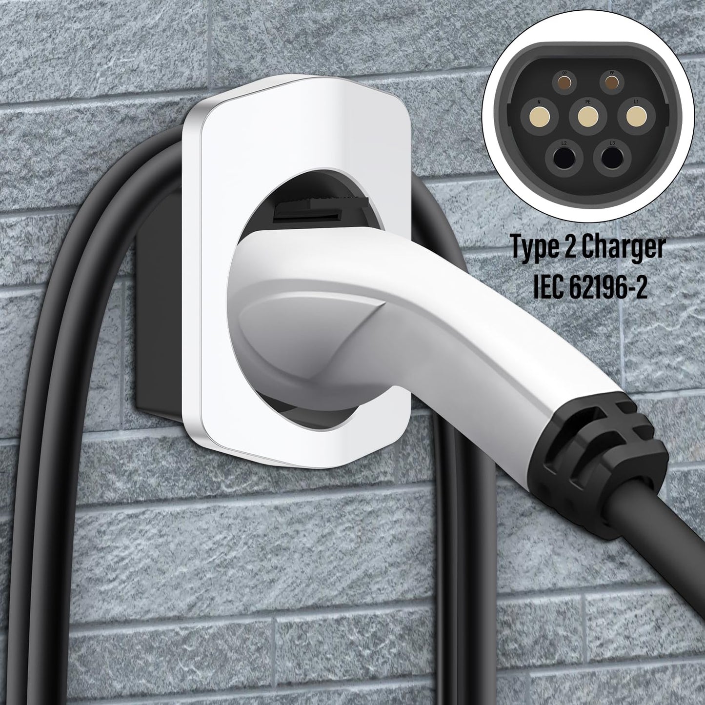 EV Type 2 Charger Holder Wall Bracket Compatible with most EU standards