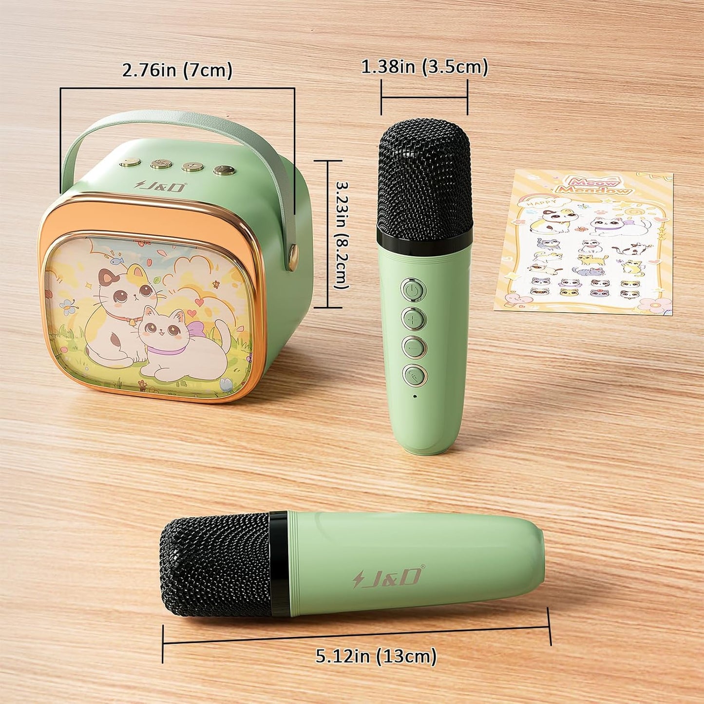 Green microphone with measurements on a wooden surface
