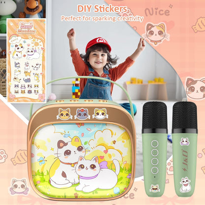 Collage of a child with stickers, a toy with cartoon design, and microphones on a colorful background.