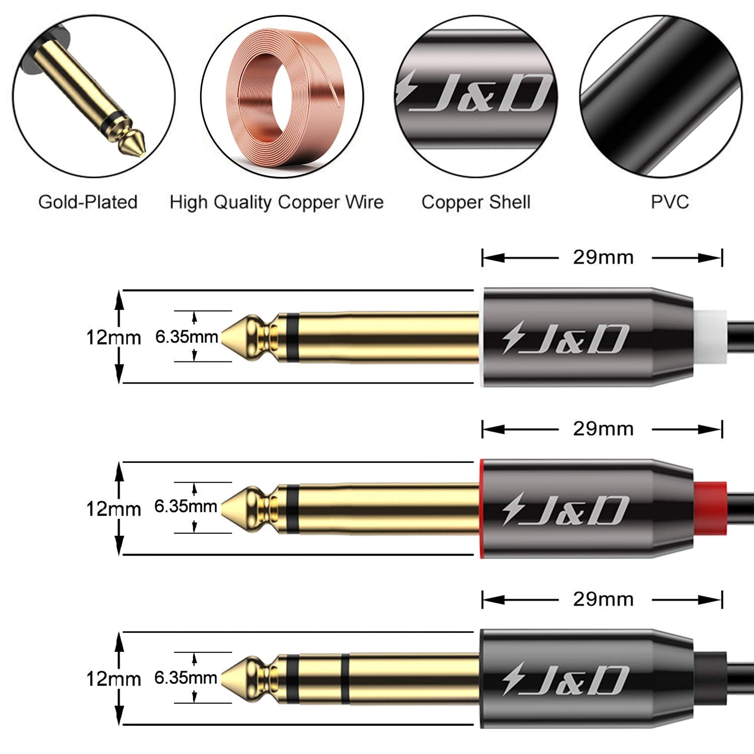 J&D 1/4 to RCA Stereo Audio Cable Gold Plated Dual 6.35mm Male TS to 2 RCA  Male Speaker Cable, 15ft 