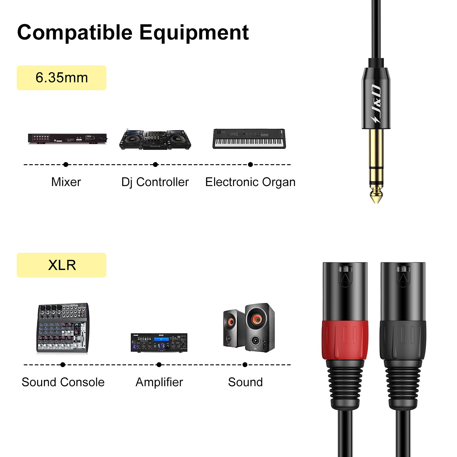 2 XLR Male to 6.35 mm 1/4 inch TRS Male Unbalanced Stereo Audio Cable – J&D  Tech